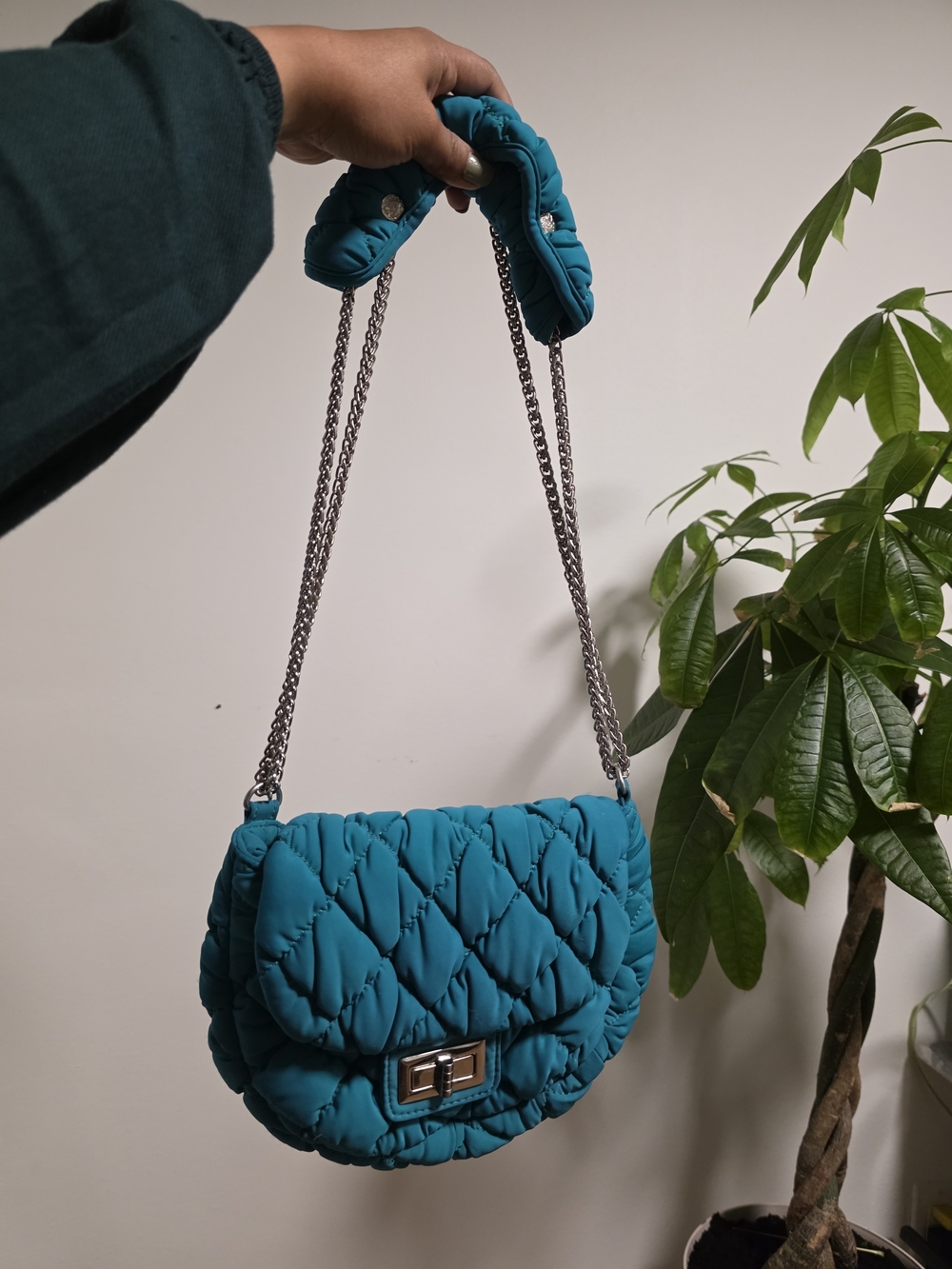 Quilted Teal Chain-Handle Shoulder Bag
